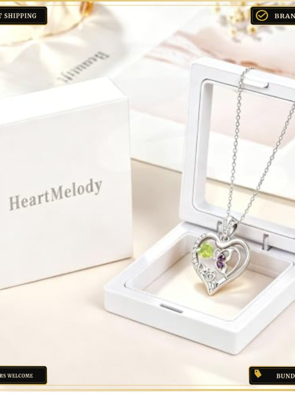 18K White Gold Plated Heart Pendant Necklace with Butterfly Rose Crystal - Picture 4 of 6